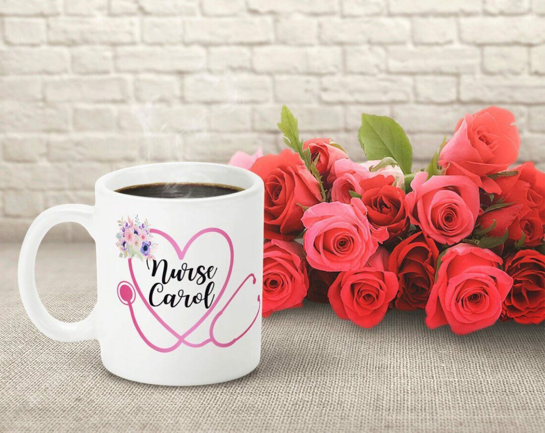 Cute mug with heart shape and flower| personalized gift mug for nurse - 15 oz