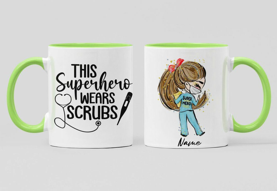 Superhero wears scrub| personalized gift mug for nurse